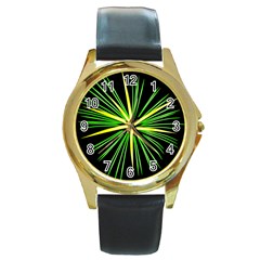 Fireworks Green Happy New Year Yellow Black Sky Round Gold Metal Watch by Alisyart