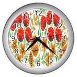 Flower Floral Red Yellow Leaf Green Sexy Summer Wall Clocks (Silver)  Front