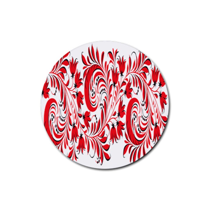 Red Flower Floral Leaf Rubber Round Coaster (4 pack) 