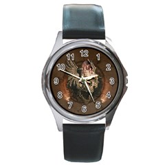 Awesome Creepy Skull With Rat And Wings Round Metal Watch