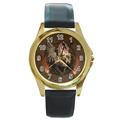 Awesome Creepy Skull With Rat And Wings Round Gold Metal Watch