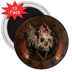 Awesome Creepy Skull With Rat And Wings 3  Magnets (10 pack) 