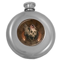 Awesome Creepy Skull With Rat And Wings Round Hip Flask (5 oz)