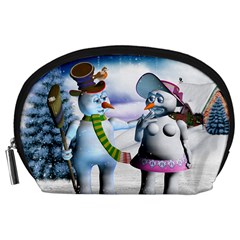 Funny, Cute Snowman And Snow Women In A Winter Landscape Accessory Pouches (large)  by FantasyWorld7
