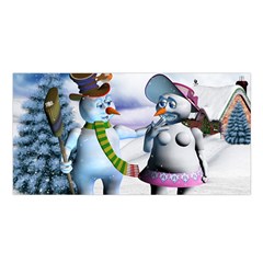 Funny, Cute Snowman And Snow Women In A Winter Landscape Satin Shawl by FantasyWorld7