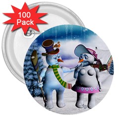 Funny, Cute Snowman And Snow Women In A Winter Landscape 3  Buttons (100 Pack)  by FantasyWorld7