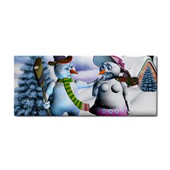 Funny, Cute Snowman And Snow Women In A Winter Landscape Hand Towel by FantasyWorld7