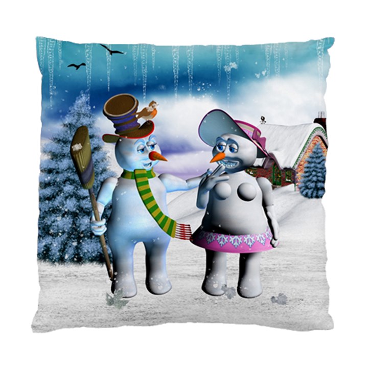 Funny, Cute Snowman And Snow Women In A Winter Landscape Standard Cushion Case (Two Sides)