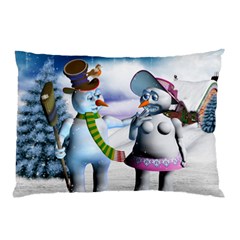 Funny, Cute Snowman And Snow Women In A Winter Landscape Pillow Case by FantasyWorld7