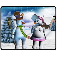 Funny, Cute Snowman And Snow Women In A Winter Landscape Fleece Blanket (medium)  by FantasyWorld7