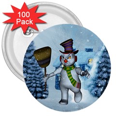 Funny Grimly Snowman In A Winter Landscape 3  Buttons (100 Pack)  by FantasyWorld7