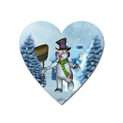 Funny Grimly Snowman In A Winter Landscape Heart Magnet by FantasyWorld7