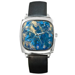 Ocean Blue Gold Marble Square Metal Watch by NouveauDesign