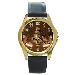 Awesome Skull With Rat On Vintage Background Round Gold Metal Watch by FantasyWorld7