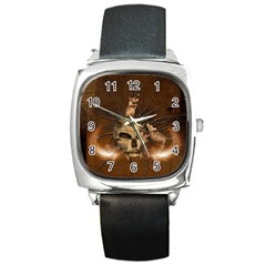 Awesome Skull With Rat On Vintage Background Square Metal Watch