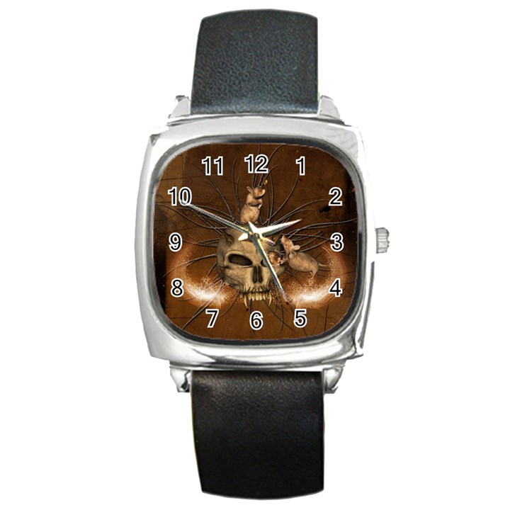 Awesome Skull With Rat On Vintage Background Square Metal Watch