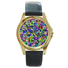 Colorful Squares Pattern                             Round Gold Metal Watch by LalyLauraFLM