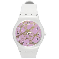 Modern,abstract,hand Painted, Gold Lines, Pink,decorative,contemporary,pattern,elegant,beautiful Round Plastic Sport Watch (m) by NouveauDesign