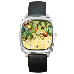 Wonderful Flowers With Butterflies, Colorful Design Square Metal Watch by FantasyWorld7