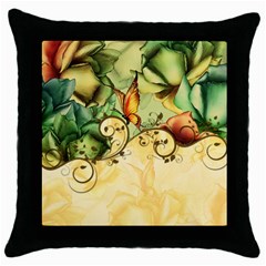 Wonderful Flowers With Butterflies, Colorful Design Throw Pillow Case (black) by FantasyWorld7