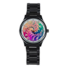 Rainbow Octopus Tentacles In A Fractal Spiral Stainless Steel Round Watch by jayaprime