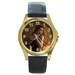 Wonderful Steampunk Women With Clocks And Gears Round Gold Metal Watch