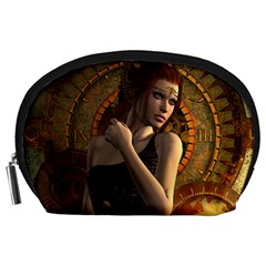 Wonderful Steampunk Women With Clocks And Gears Accessory Pouches (large)  by FantasyWorld7