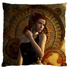 Wonderful Steampunk Women With Clocks And Gears Large Flano Cushion Case (two Sides) by FantasyWorld7