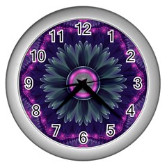 Beautiful Hot Pink And Gray Fractal Anemone Kisses Wall Clocks (silver)  by jayaprime