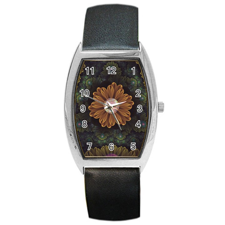 Abloom in Autumn Leaves with Faded Fractal Flowers Barrel Style Metal Watch