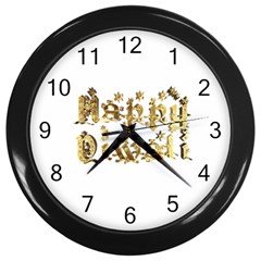 Happy Diwali Gold Golden Stars Star Festival Of Lights Deepavali Typography Wall Clocks (black) by yoursparklingshop