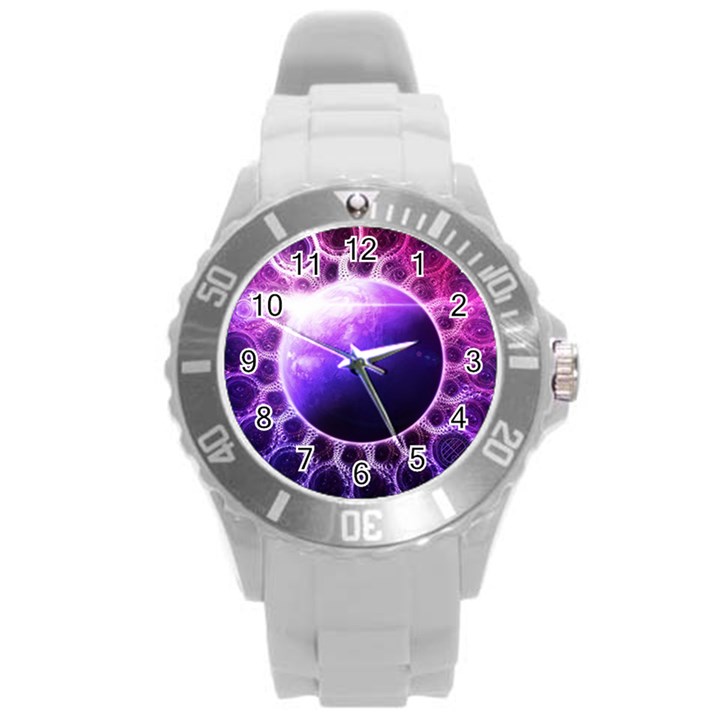 Beautiful Violet NASA Deep Dream Fractal Mandala Round Plastic Sport Watch (L)