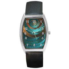 Beautiful Leather & Blue Turquoise Fractal Jewelry Barrel Style Metal Watch by jayaprime