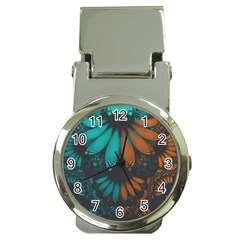 Beautiful Teal And Orange Paisley Fractal Feathers Money Clip Watches by jayaprime