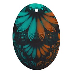 Beautiful Teal And Orange Paisley Fractal Feathers Oval Ornament (two Sides) by jayaprime