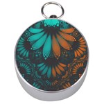 Beautiful Teal and Orange Paisley Fractal Feathers Silver Compasses Front