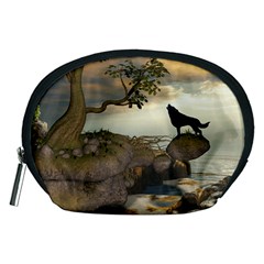 The Lonely Wolf On The Flying Rock Accessory Pouches (medium)  by FantasyWorld7
