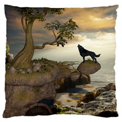 The Lonely Wolf On The Flying Rock Large Cushion Case (two Sides) by FantasyWorld7
