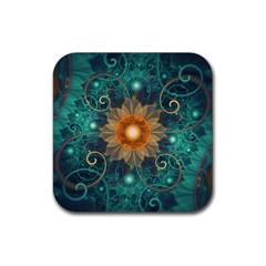 Beautiful Tangerine Orange And Teal Lotus Fractals Rubber Coaster (square)  by jayaprime