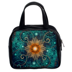 Beautiful Tangerine Orange And Teal Lotus Fractals Classic Handbags (2 Sides) by jayaprime