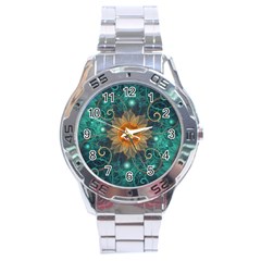 Beautiful Tangerine Orange And Teal Lotus Fractals Stainless Steel Analogue Watch by jayaprime