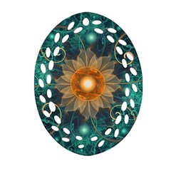 Beautiful Tangerine Orange And Teal Lotus Fractals Oval Filigree Ornament (two Sides) by jayaprime