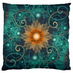 Beautiful Tangerine Orange And Teal Lotus Fractals Large Cushion Case (two Sides) by jayaprime