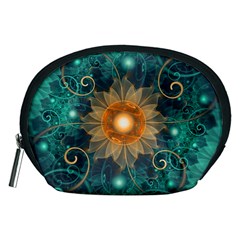 Beautiful Tangerine Orange And Teal Lotus Fractals Accessory Pouches (medium)  by jayaprime