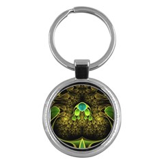 Beautiful Gold And Green Fractal Peacock Feathers Key Chains (round)  by jayaprime