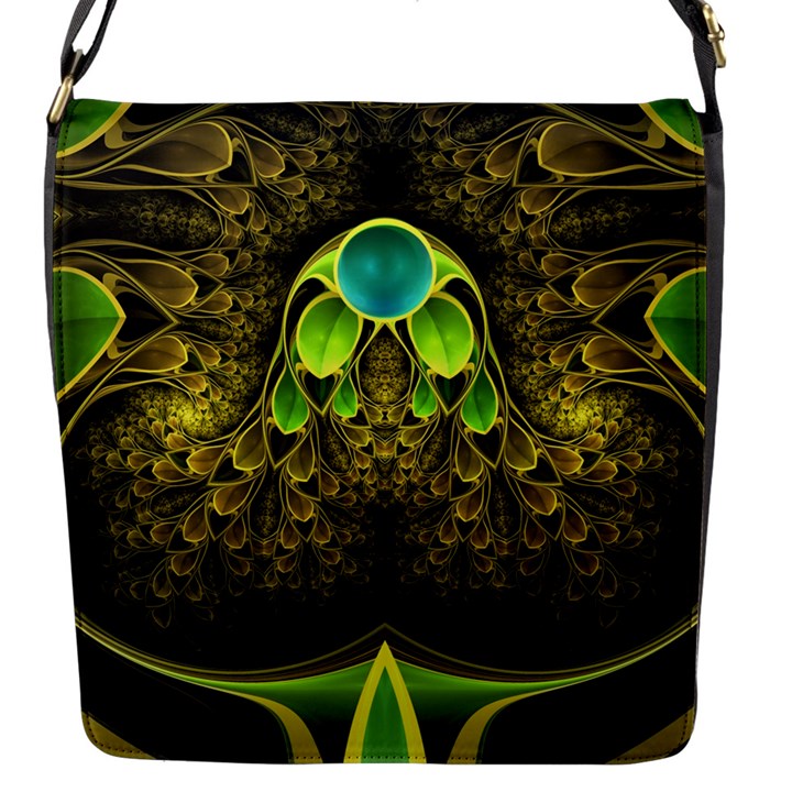 Beautiful Gold And Green Fractal Peacock Feathers Flap Messenger Bag (S)