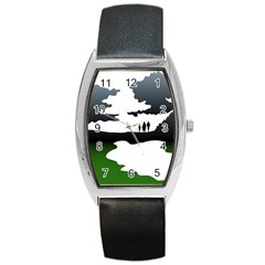 Landscape Silhouette Clipart Kid Abstract Family Natural Green White Barrel Style Metal Watch by Mariart