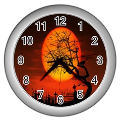 Helloween Midnight Graveyard Silhouette Wall Clocks (silver) 