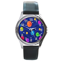 Planet Space Moon Galaxy Sky Blue Polka Round Metal Watch by Mariart