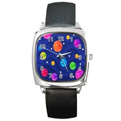 Planet Space Moon Galaxy Sky Blue Polka Square Metal Watch by Mariart